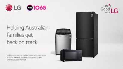 An image with three LG home appliances - a washer, refrigerator and microwave - which will be given to Australian families affected by the catastrophic floods to help get them back on track.