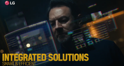 A screenshot from the LG HVAC Solutions YouTube video representing smart and efficient integrated solutions with a man working on a holographic display