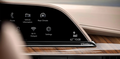 A close-up of the LG infotainment system installed in a Cadillac