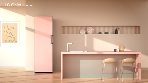 LG Objet Collection convertible fridge and freezer become point item with pink color in simple kitchen.