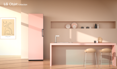 LG Objet Collection convertible fridge and freezer become point item with pink color in simple kitchen.