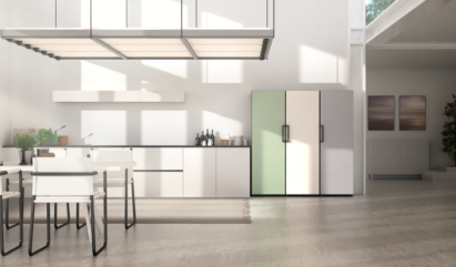 Set of LG Objet Collection Fridge and Freezer seamlessly match with white tone kitchen