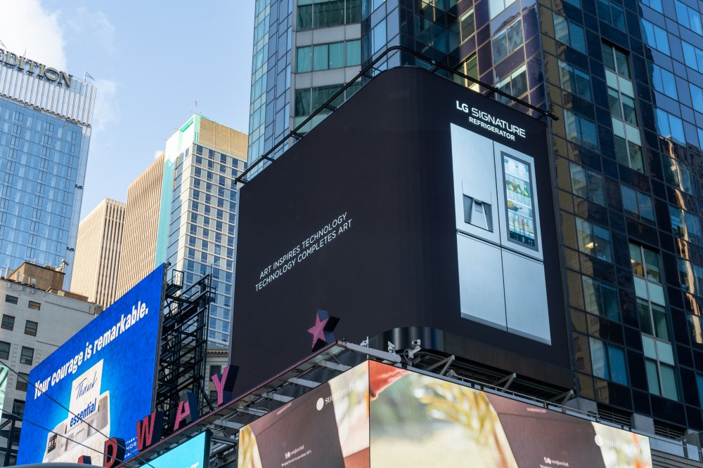 LG's digital billboard in Time Square, New York with an image of LG SIGNATURE Refrigerator against a black background