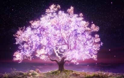 An enormous tree with bright purple-glowing leaves lighting up a world of fantasy