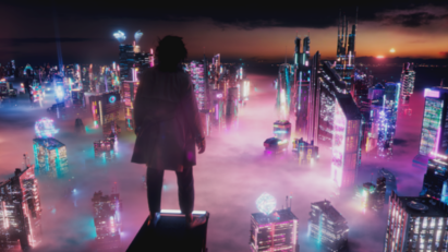 Someone stands on the edge of a tall skyscraper while looking down at a futuristic city full of high-rise buildings and neon lighting