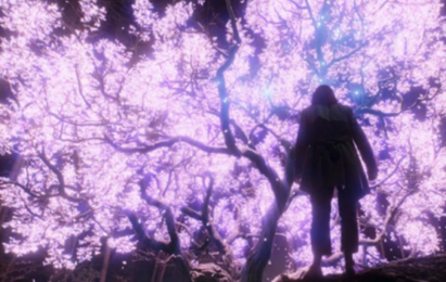 Someone standing below a huge tree that has purple-glowing leaves