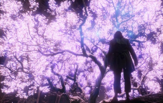 Someone standing below a huge tree that has purple-glowing leaves 