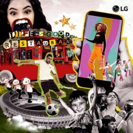 A collage promoting the Life’s Good Restaurant with a smartphone displaying a woman dancing and a man playing football