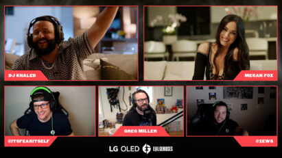 A screenshot from the LG OLED Ultimate Gaming Showdown livestream displaying DJ Khaled, Megan Fox and the pro player coaches