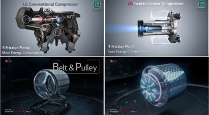 Four images of LG's innovative inverter technology, the top two comparing LG’s conventional compressor with its Inverter Linear Compressor and the bottom two explaining the LG Inverter DirectDrive Motor’s Belt & Pulley system