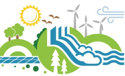 An illustration promoting the environment and renewable energy with the sun, wind turbines and solar panels depicted