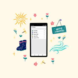 An illustration of a smartphone displaying the LG ThinQ app's Routine feature, with small pictures of flowers, the sun and rainboots surrounding to emphasize spring