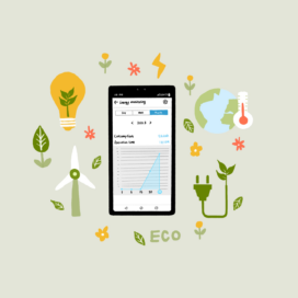An illustration of a smartphone displaying the LG ThinQ app’s Energy Dashboard, with images of the Earth, a wind turbine and a lightbulb representing its eco-friendly purpose