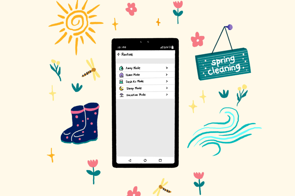 An illustration of a smartphone displaying the LG ThinQ app's Routine feature, with small pictures of flowers, the sun and rainboots surrounding to emphasize spring