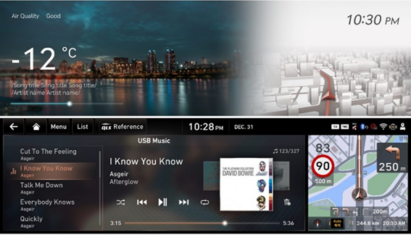 The LG infotainment system displaying various information including the weather, a navigation tool and a user interface for playing music