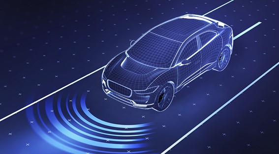 An illustration of a car driving with the help of a sensor that detects everything in front.