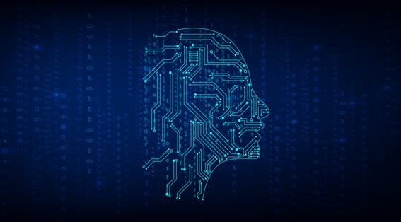 An image that embodies artificial intelligence with a circuit pattern in the shape of a human head 