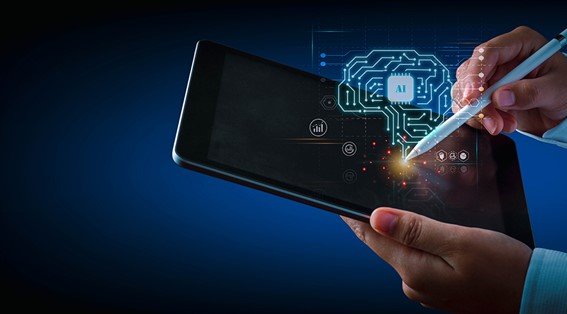 A person using a tablet with an illustration of a brain-shaped circuit emerging from the display. 