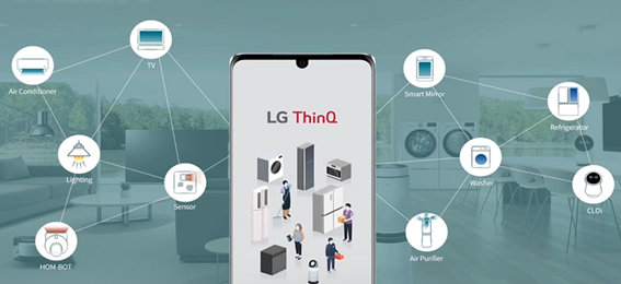 A smartphone displaying the LG ThinQ app with ten different icons representing various LG home appliances connected in the background