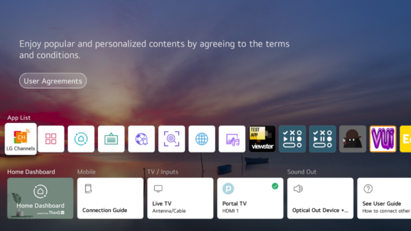 A TV screen displaying various apps and the icon confirming a successful connection with Portal TV