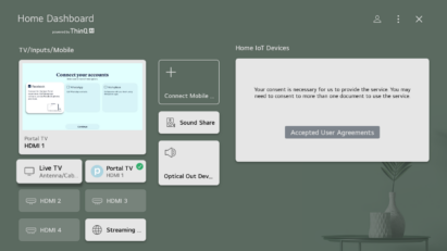 The Home Dashboard screen of LG TVs displaying the connection icon with Portal TV
