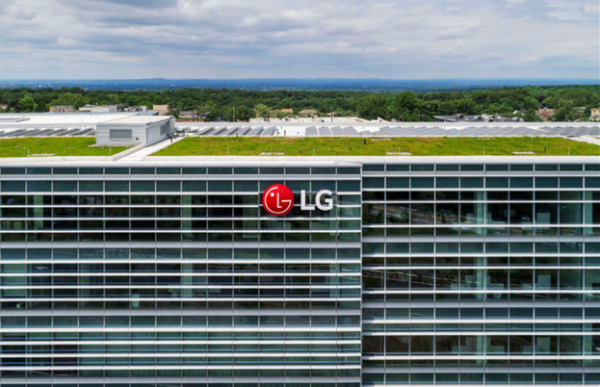 The LG North American headquarters campus with LG’s logo on the side of the building 