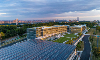 A far overlooking view of the LEED Platinum Certified LG North American headquarters campus