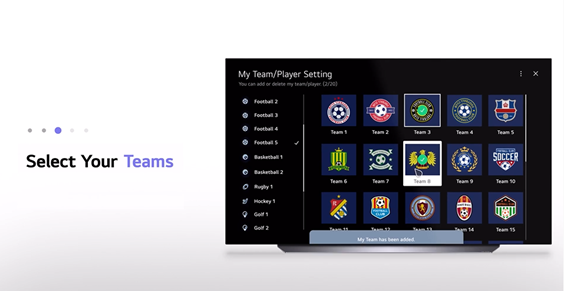 An LG TV on the My Team/Player Setting page which lets sports lovers pick their favorite teams for live match alerts