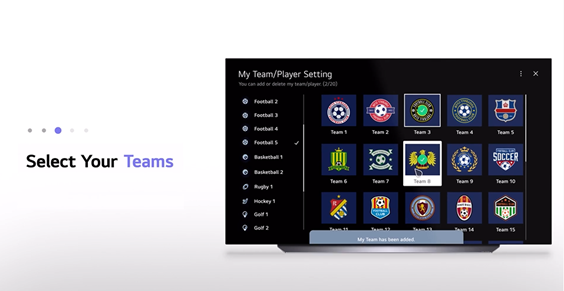 Experience Sports 04 An LG TV on the My Team/Player Setting page which lets sports lovers pick their favorite teams for live match alerts