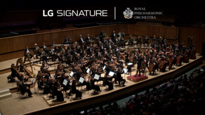 The Royal Philharmonic Orchestra playing in a concert hall with the logos of LG SIGNATURE and the orchestra above