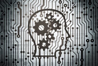 A silhouette of a human head with mechanical gears inside it to represent AI.