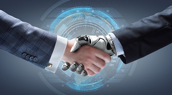  A man and a humanoid robot representing artificial intelligence shaking hands.
