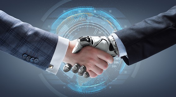 Human-AI Relationship 09 A man and a humanoid robot representing artificial intelligence shaking hands.