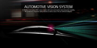 A promotional image of LG's ADAS camera with an image of a black car sending out signals from its front windshield