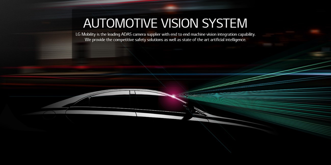 A promotional image of LG's ADAS camera with an image of a black car sending out signals from its front windshield 