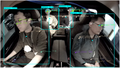 Three passengers and a driver inside a vehicle depicting the IMS and DMS features of LG's high-performance camera.