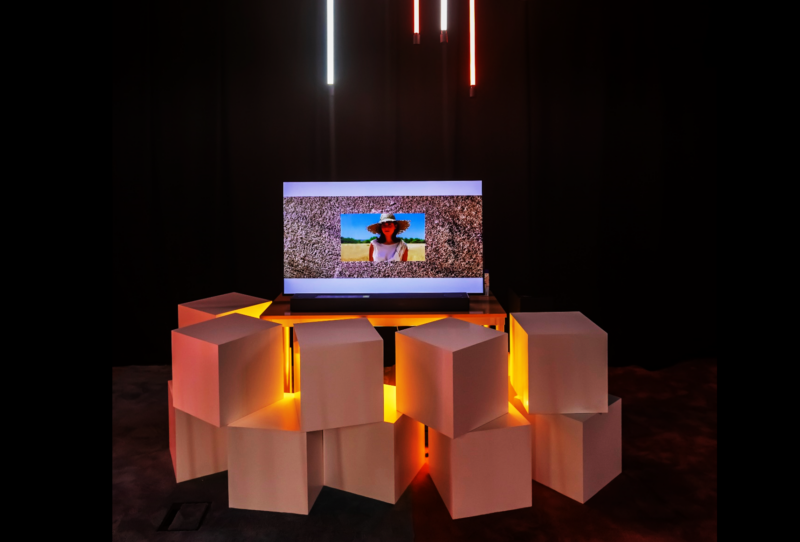 “Terraferma” by María Leyba and Mikaela Martínez displayed on LG OLED TV with decorative cubes and neon lighting surrounding the exhibit