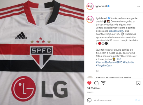  LG Brazil’s Instagram post showing São Paulo FC’s official uniform with LG as its main shirt sponsor