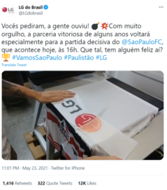 LG Brazil’s Instagram post showing the LG logo being printed on São Paulo FC’s shirt