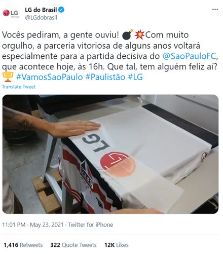  LG Brazil’s Instagram post showing the LG logo being printed on São Paulo FC’s shirt