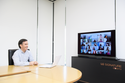 Carlos Olave, LG Global HR Leader, video chatting with LG employees from around the world.