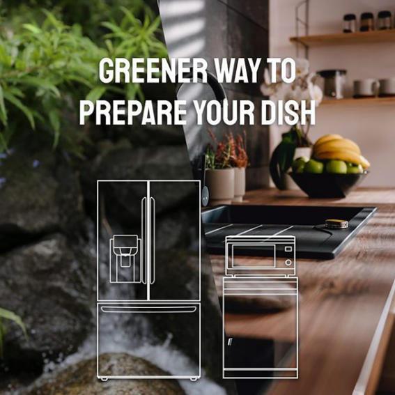 The outline of LG refrigerator and microwave with photos of a kitchen and nature as the background.