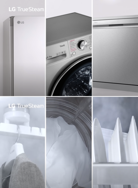  Close-up pictures of the outside and inside of LG’s Styler, washer and dishwasher.