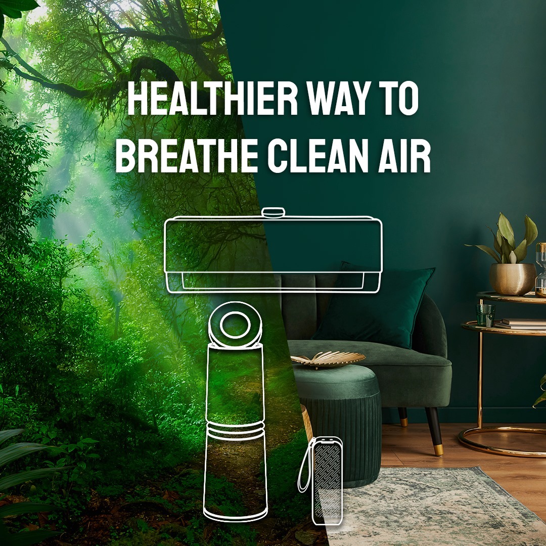 The outlines of LG air conditioner and air purifier and the phrase, ‘Healthier way to breathe clean air, with photos of a living room and a forest as the background.