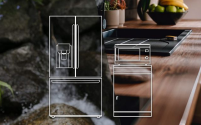 The outline of LG refrigerator and microwave with photos of a kitchen and nature as the background.