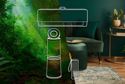 The outlines of LG air conditioner and air purifier with photos of a living room and a forest as the background.
