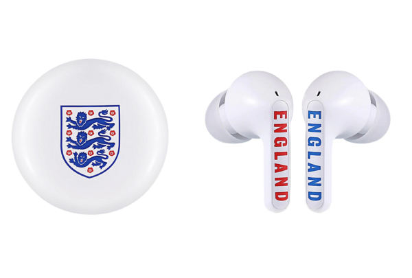  The charging case and earbuds of the limited-edition TONE Free model in partnership with the English National Football Team and the Football Association