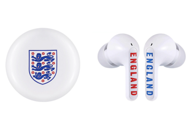 The charging case and earbuds of the limited-edition TONE Free model in partnership with the English National Football Team and the Football Association