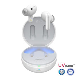 LG’s Pearl White TONE Free earbuds float above the charging case emitting UV-C LED light beside the UVnano logo