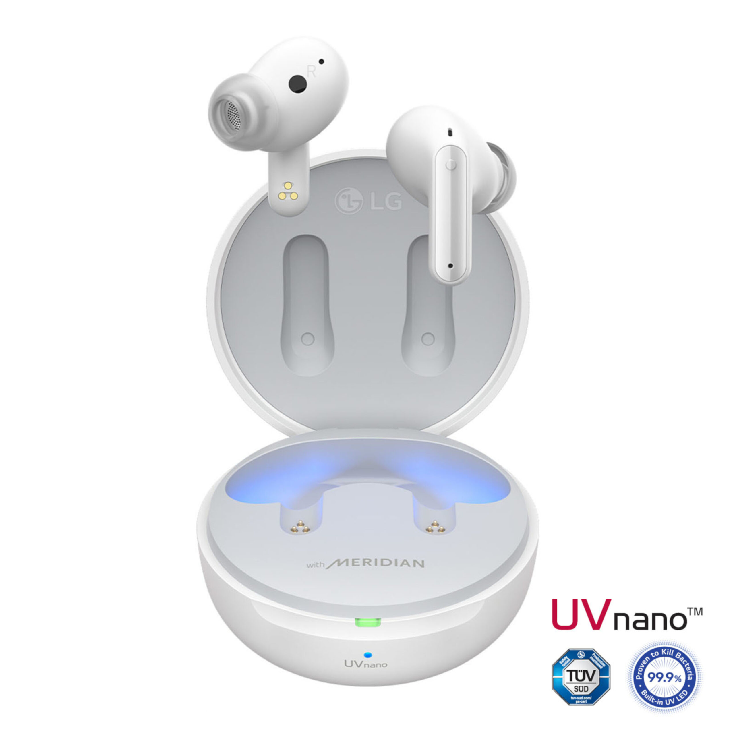 LG’s Pearl White TONE Free earbuds float above the charging case emitting UV-C LED light beside the UVnano logo